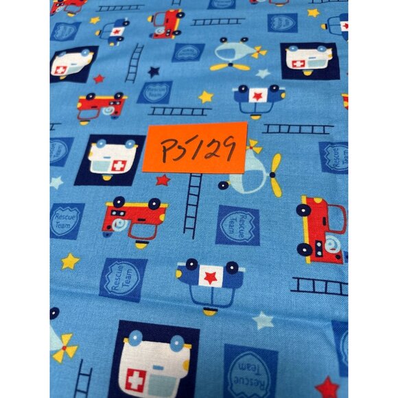 Rescue Team Print Cotton Fabric 23x34" Blue with Ambulances Helicopters Fire Tru - Picture 4 of 5
